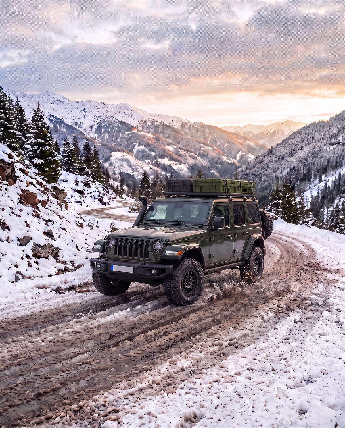 Jeep Wrangler auf verschneiter Bergstraße mit All-Terrain-Reifen